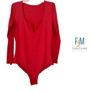 New! Women's Long Sleeve Notched V Neck Bodysuit